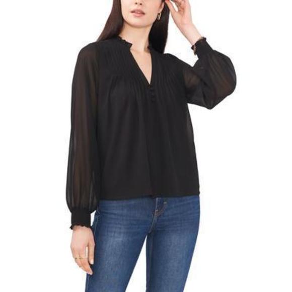 1.State Black Pleated Blouse - Women's Small Top - Split Neck Shirt - Picture 1 of 2